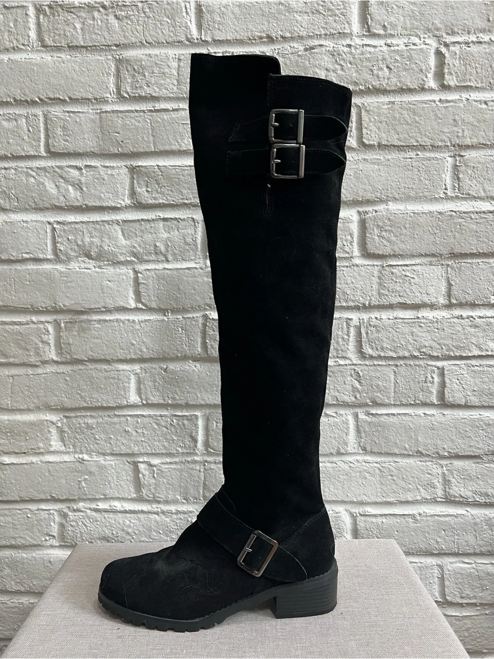 SOLE SOCIETY Black Suede Over the Knee Boots with Low heel Lug sole Buckles